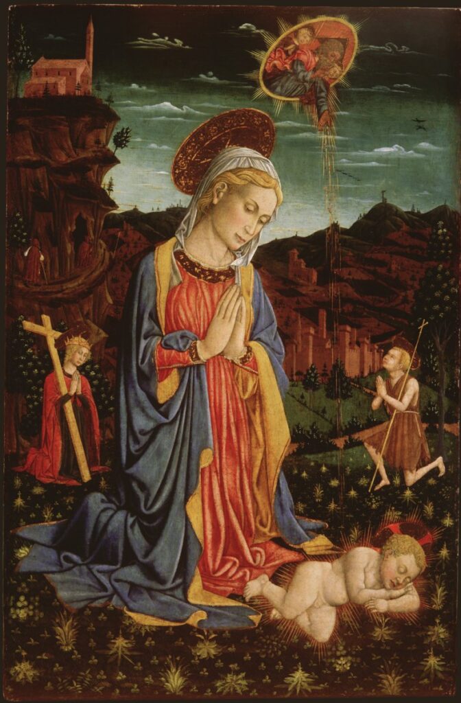 Madonna in red dress and blue robes kneels down with hands in a prayer position in front of her chest. A baby sleeps in front of her. Behind her is a mountain range. A golden house stands atop the tallest peak.